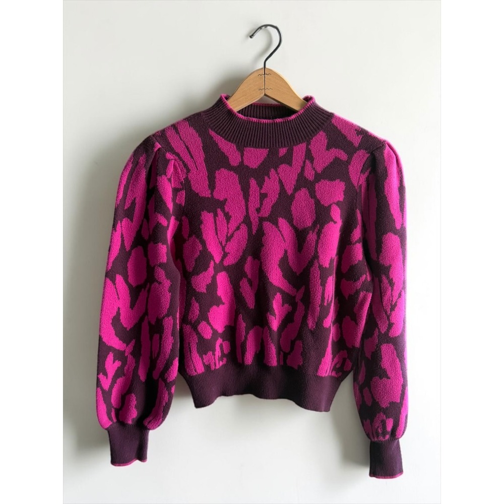 Who What Wear Womens Small Mock Neck Puff Sleeve Animal Print Sweater Pink